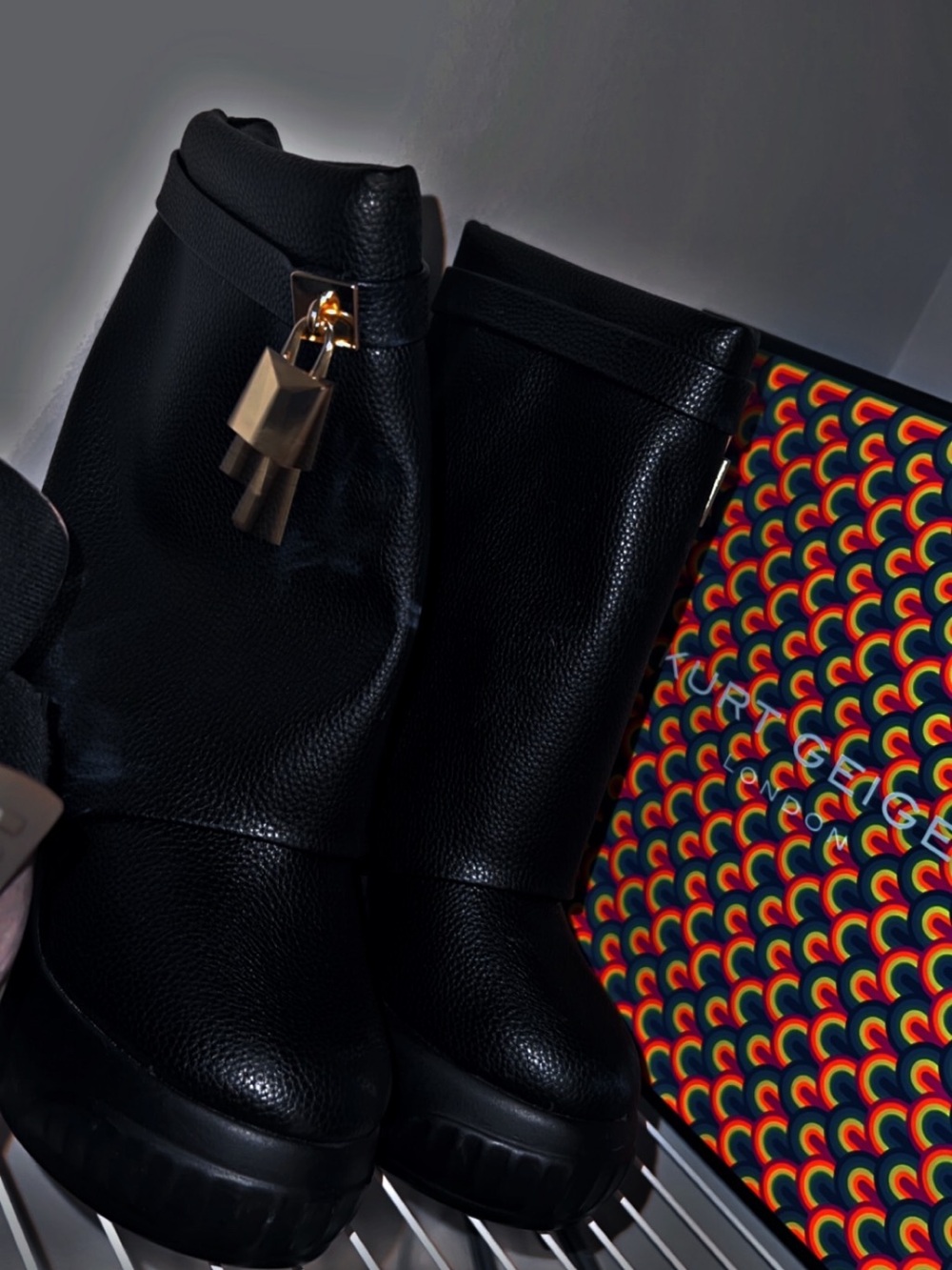 Black Leather Platform Boots with Gold Hardware